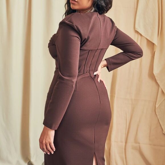 NWOT Lavish Alice Cowl Corset Ponte Chocolate Brown Midi Dress US Size 10 - Picture 7 of 10